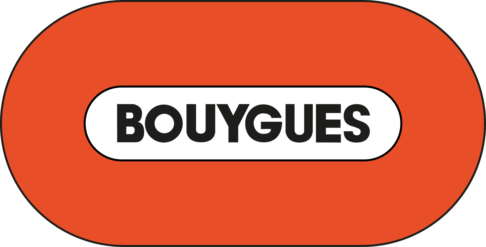 Bouygues logo with bold black text on a white rounded rectangle, set against an orange oval background with rounded edges.