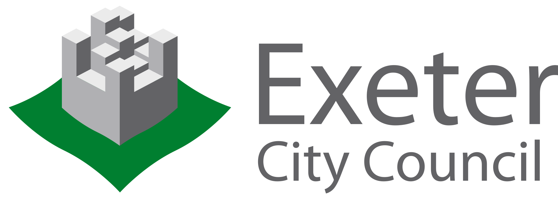 Exeter City Council logo featuring a stylized grey castle on a green shield, with the words “Exeter City Council” in black text to the right.