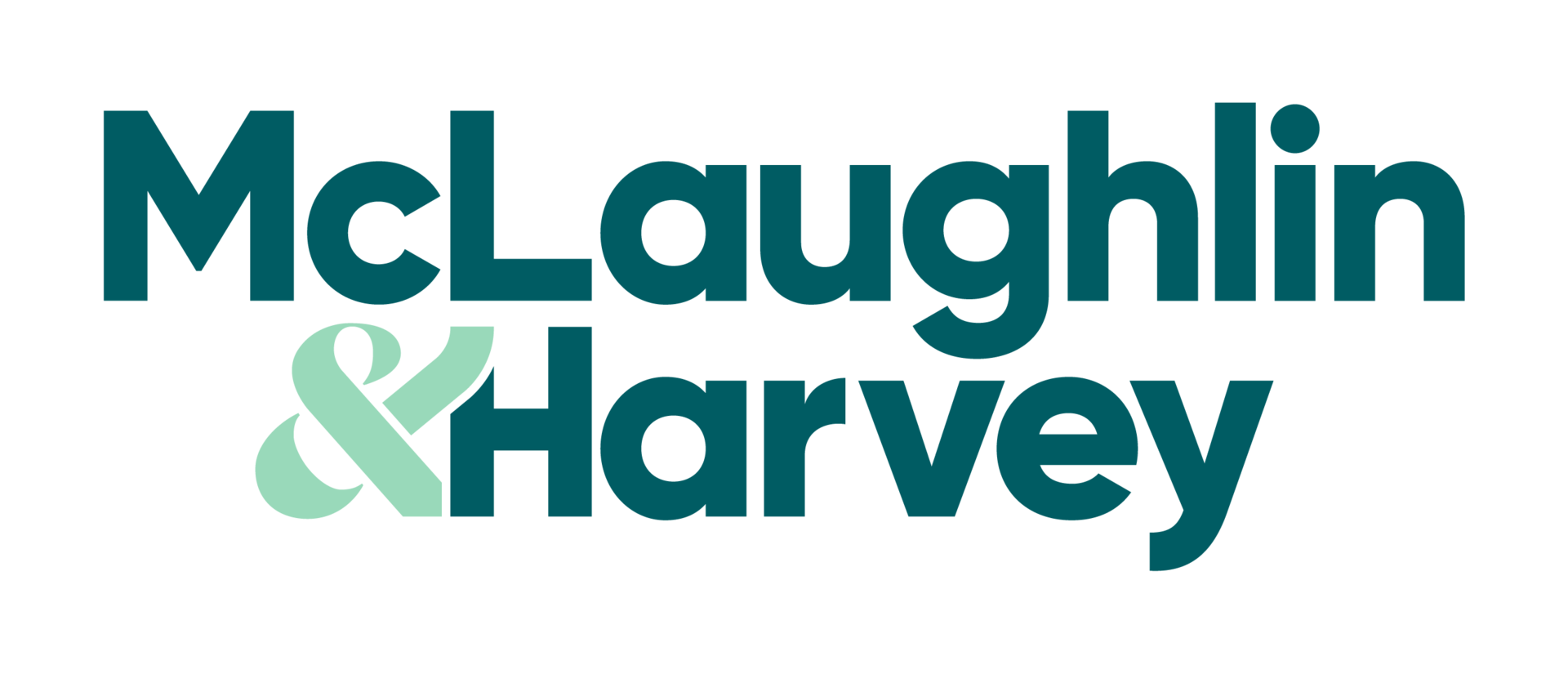 Logo for McLaughlin & Harvey. The company name is written in bold, modern dark teal and light green letters, with the ampersand symbol highlighted in light green.