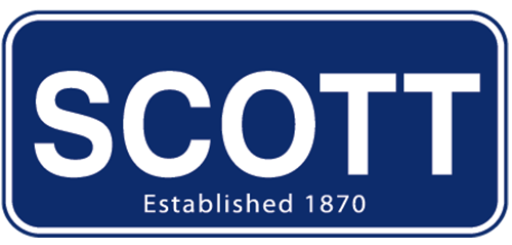 A blue rectangular sign with a white border displays the word "SCOTT" in large white letters, and below it, in smaller text, "Established 1870.