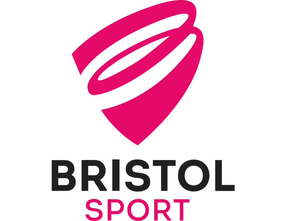 Bristol Sport logo with a pink abstract shield and two curved lines above bold black text reading "BRISTOL" and pink text reading "SPORT" underneath.