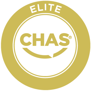 Gold circular CHAS Elite badge with the word "ELITE" at the top and "CHAS" in bold letters above a curved line, all on a white background.