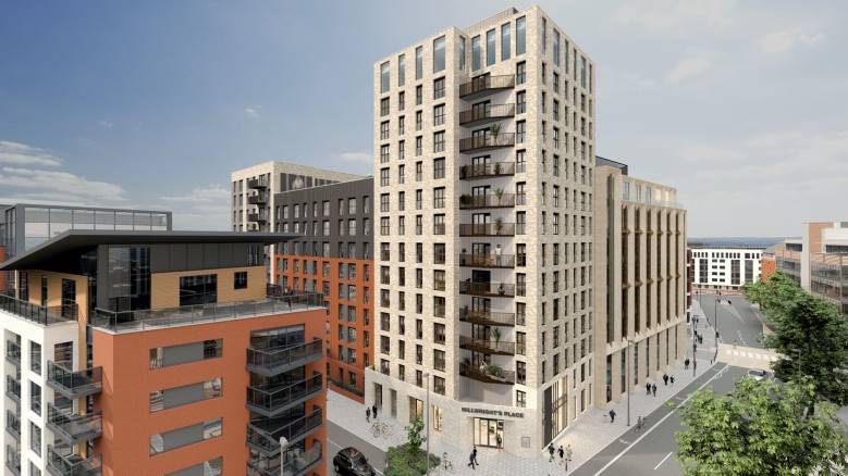 A modern multi-story apartment building with balconies, large windows, and a mix of beige and dark brick exterior, situated at a street corner in an urban area with other contemporary buildings nearby.