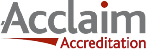 The image shows the logo for "Acclaim Accreditation" with "Acclaim" in large gray letters and "Accreditation" in smaller red letters below, featuring a red underline and dot over the "i".