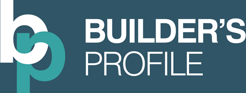 Logo featuring lowercase overlapping letters "b" and "p" in white and teal on a dark blue background, next to the words "BUILDER'S PROFILE" in bold white uppercase text.