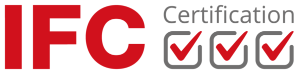Logo showing the words “IFC Certification” with “IFC” in bold red letters and three gray checkboxes, each containing a red check mark, symbolizing completed certification.
