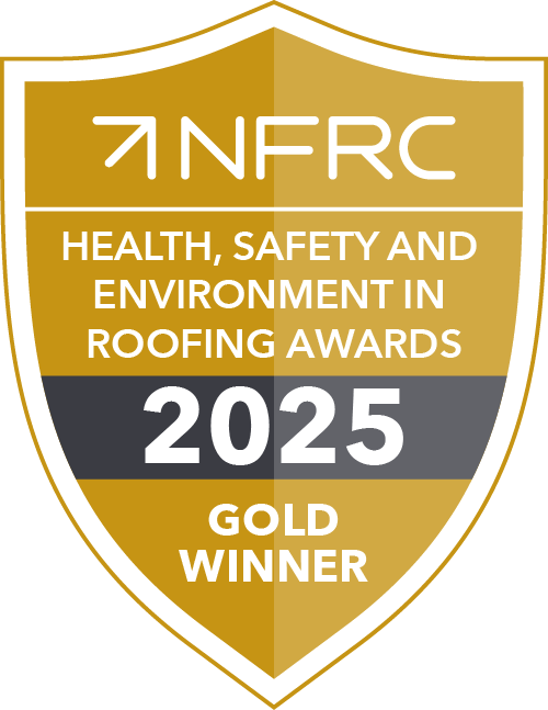 A gold shield with "NFRC Health, Safety and Environment in Roofing Awards 2025 Gold Winner" written on it.