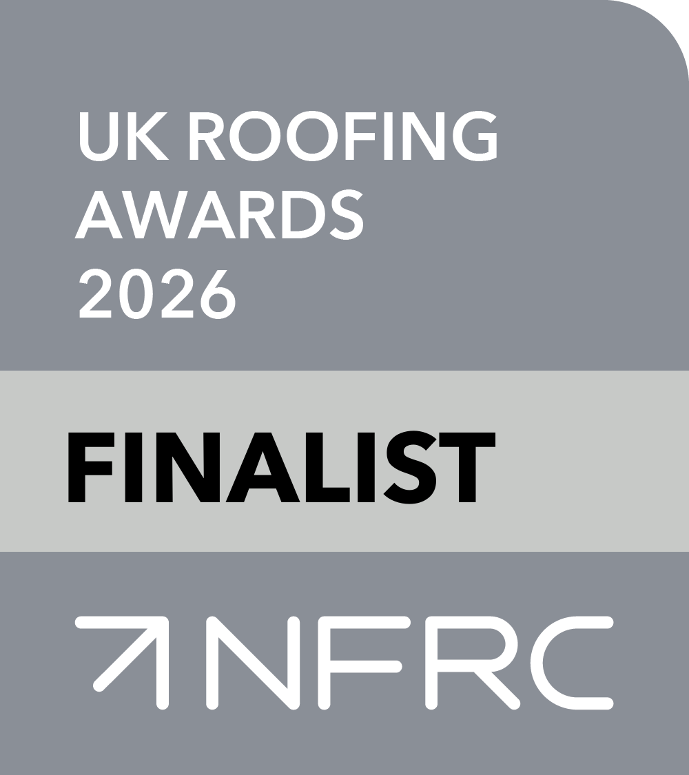 Grey and white badge with text: "UK Roofing Awards 2026 FINALIST" and the NFRC logo at the bottom.