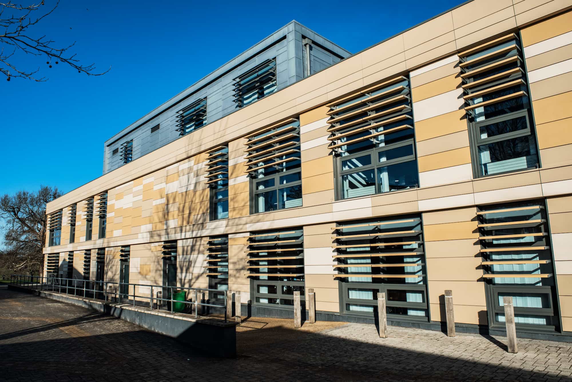 Modern building with tan and gray horizontal panels, large windows with angled sunshades, blue sky above, and tree shadows cast on the facade.